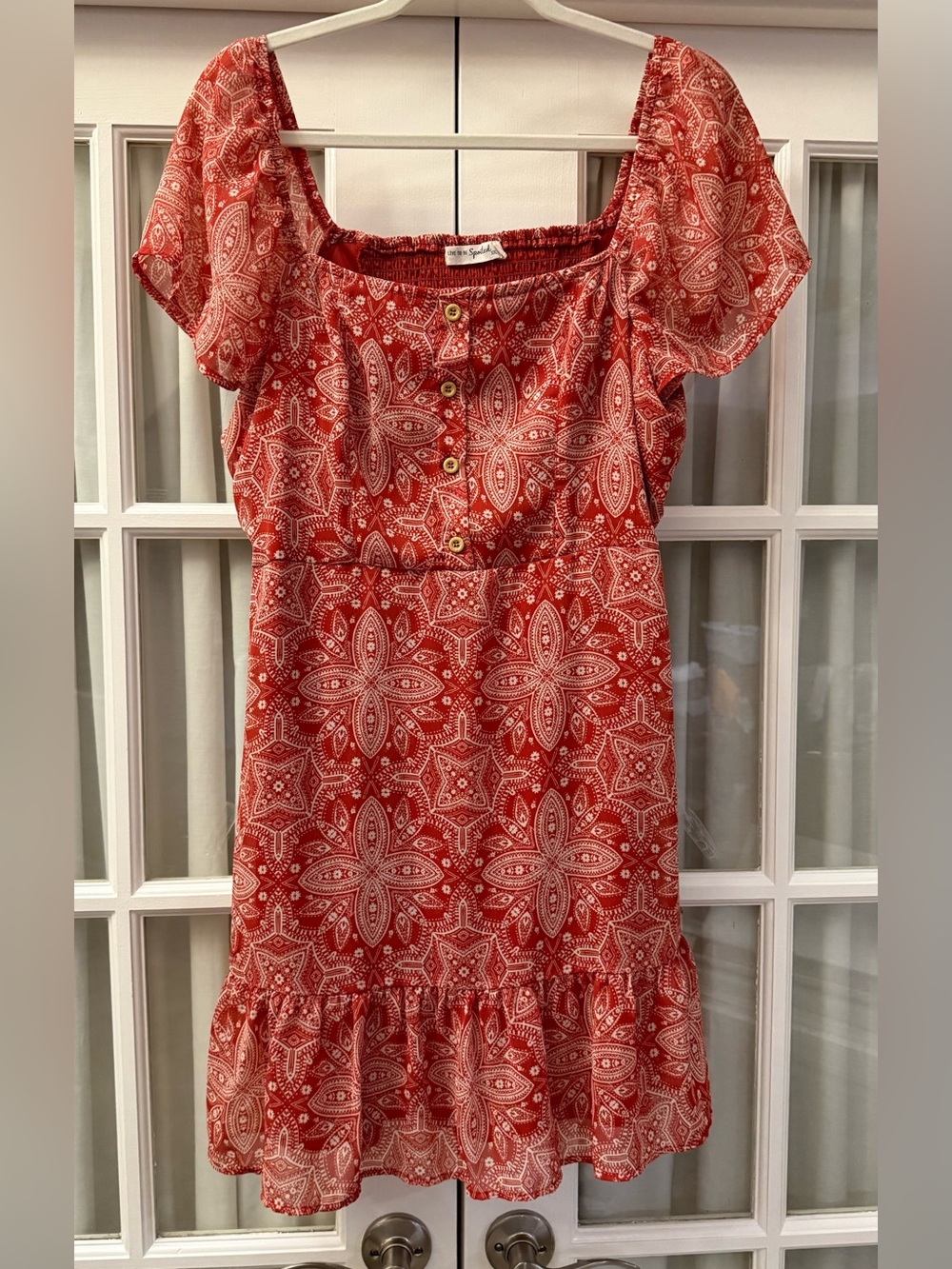 Juniors' Red Printed Puff-Sleeve Ruffle Dress